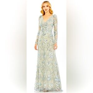 *Mac Duggal Embellished V-neck Illusion Long Sleeve Gown in Seamist Size 4
